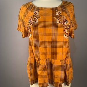 Gold and black tartan floral pattern babydoll top
